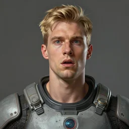 portrait of a man with shocked expression by greg rutkowski, he is about 3 0 years old, short blond hair, athletic and strong, straight jaw, wearing futuristic space gear, highly detailed portrait, digital painting, artstation, concept art, smooth, sharp foccus ilustration, artstation hq.