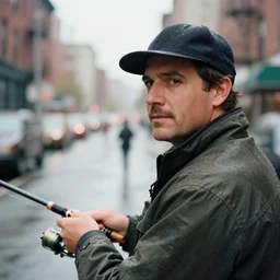 closeup portrait of a man fishing in a rainy new york street, photography, natural light, ƒ1.8, 35mm