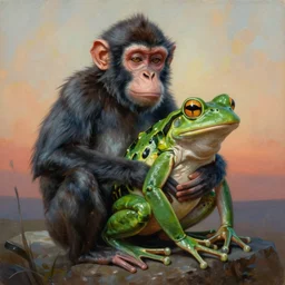 painting of hybrid monkey and frog!!!! fused together, intercrossed animal, by zdzislaw beksinski, by lewis jones, by mattias adolfsson, cold hue's, warm tone gradient background, concept art, digital painting