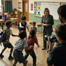 film still from a horror movie, where zombie kids hunt their teacher in a school floor, cinematic, taken on a nikon, sharp focus, 4 k
