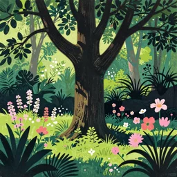 ( ( ( gediminas pranckevicius ) ) ), under bo tree in a jungle garden summer morning, very coherent and colorful high contrast art by james gilleard floralpunk screen printing woodblock, dark shadows, pastel color, hard lighting