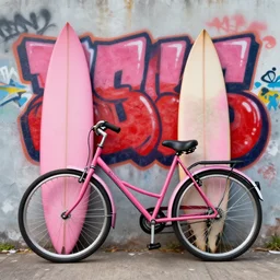 a bicycle and a surfboard, pink and red, grafitti, street art