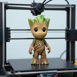 groot with sad face over a 3 d printer, sharp focus,