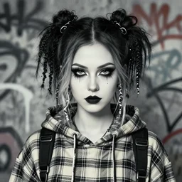 highly detailed portrait of a sewer punk lady, tartan hoody, ringlet hair by atey ghailan, by greg rutkowski, by greg tocchini, by james gilleard, by joe fenton, by kaethe butcher, gradient grey, black, cream and white color scheme, grunge aesthetic!!! ( ( graffiti tag wall background ) )