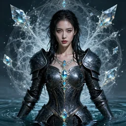 portrait of a beautiful woman wearing a dark fantasy armor, drenched body, wet dripping hair, emerging from the water, fantasy, regal, fractal crystal, fractal gems, by stanley artgerm lau, greg rutkowski, thomas kindkade, alphonse mucha, loish, norman rockwell, ross tran