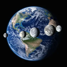 a space image of the earth with 5 moons orborting it