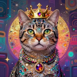 a humanoid king cat with a crown, Atmospheric beautiful by Stanley Artgerm, Tom Bagshaw, Arthur Adams, Carne Griffiths, trending on Deviant Art, street art, chillwave, maximalist, full of color, glittering, 8k, hd