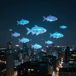 Wide angle shot of a city with holographic fishes floating in the sky by Petros Afshar, James Gilleard, Mark Ryden, Wolfgang Lettl highly detailed, Dark cineamtic and atmospheric lighting