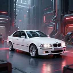 bmw e 3 9, scifi environment, white glow, red glow, ultra realistic, highly detailed, futuristic landscape, industrial, city, atmosphere, highlighted, cinematic, art by jan urschel and neil blevins