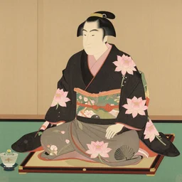 japanese noble on his dais, he is wearing a beautiful kimono decorated with pink lotus flower pattern, draw in the style of kano school, full colour