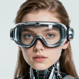 photo of young Mila Jovovich, close up, wearing large futuristic glass and metallic chrome goggles, robotic implants over neck with small led lights, white background, fine art photography in the style of Bill Henson