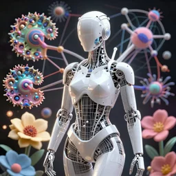 analogous achromatic monochromatic colors 3D render of a cyborg, 150 mm, flowers, Mandelbrot fractal, white metal neocubism armour, mesh wire, hyperrealistic, ultra detailed, neural network with neurosynapsis in the background, rim light, 3d render, octane render in the style of H.R. Giger and Man Ray