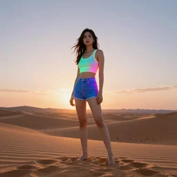 a girl glowing with neon colors in the middle of a beautiful desert sunrise, photorealistic, 8k resolution, octane render, unreal engine
