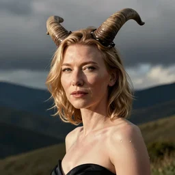 hypperrealistic photograph of horned cate blanchett