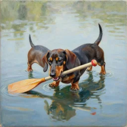 cute dachshund biting a paddle, detailed painting, weiner dog, boat paddle, oil on canvas, adorable, reflective water, wide angle shot, very detailed