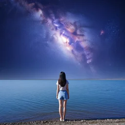 a photo of a girl standing in a lake looking at the entire universe