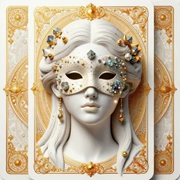 ethereal portrait of a goddess, face adorned with delicate mask carved minerals, tiny mineral incrustations sparkling in the light, and otherworldly, golden ratio, baroque, rococo, white + orange ink tarot card ornate by marc simonetti, peter mohrbacher, detailed, intricate illustration, octane render, fractal background, sacred geometry, mechanical design, 3 d, concept, art, digital