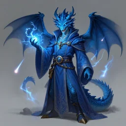 full length portrait of a blue dragon sorcerer, anthropomorphic, nature lover, nerd, clumsy, electricity, comets, dragon, male, magical robes, high fantasy, d & d, by tyler jacobson, face details, extremely detailed, digital illustration