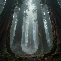 underground citadel surrounded by giant towering trees trunks, foggy volumetric lighting, raytracing, environment art artstationhq,