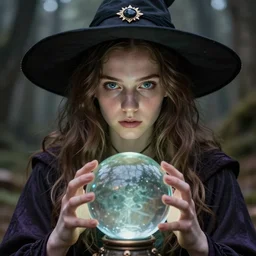 portrait of a young witch with a crystal ball, true anatomy, detailed face, highly detailed, by greg rutkowski
