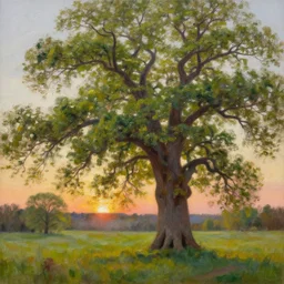 a beautiful, stunning oil painting of a landscape with giant oak and alder trees in spring during sunset by craig mullins