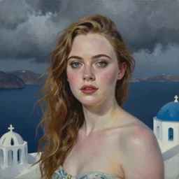 Elle Fanning in Santorini at night, head and shoulders portrait, stormy weather, extremely detailed masterpiece, Roger Deakin’s cinematography, oil on canvas, Yoji Shinkawa,