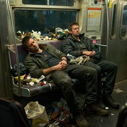 cyberpunk detail painting of homeless sleeping in subway car full of garbage, dramatic lighting, highres textures, strong volumetric lighting, strong subsurface scattering, scifi movie from weta digital, ilm, digital domain, by brian froud, by stan stalenhag, raytracing