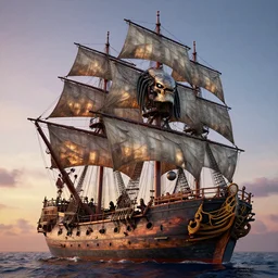 beautiful hyperrealistic 3 d render of monstrous singular three mast sail ship, predator, beast, disrepair, anchored, by craig mullins, by marc simonetti, by federic edwin church, octane render, gigantic, 3 d, brilliantly colored, intricate, ultra wide angle, dusk, volumetric lighting, hdr, micro details, 4 k