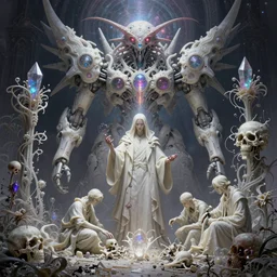 muted ombre matte painting beautiful sinister alabaster neogothic skullpunk spirit doctor dismantles iridescent enchanted intergalactic mecha garden, man machine cathedral of chimeric beholder polyphemous power crystals psychotropic tessalating frequencies singularity artgerm wlop james jean andrei riabovitchev marc simonetti yoshitaka amano artstation, cgsociety