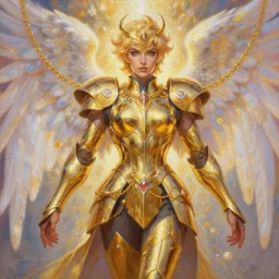 full body oil painting of tracer overwatch in the style of sophie anderson, angel wings, angelic golden armor, dramatic painting, symmetrical composition, ornate, golden chains, high detail, gold detailed collar!!!!!, blooming, angelic, lights, flowers, heavenly, bright, detailed face,