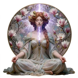 a goddess of magnolia a queen of the garden, meditating! with a beautiful symmetrical face!!! cinematic lightning, isolated, studio lighting by alphonse mucha and tom bagshaw