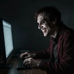 a creepy smiling man. the man is sitting in the dark. he is looking at a computer screen. highly detailed 4K photo