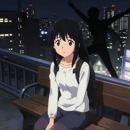 anime visual, portrait of a young female traveler sight seeing above the city exterior at night, bench, guardrails, very low light, cute face by ilya kuvshinov and, psycho pass, kyoani, flat mucha, dynamic pose, dynamic perspective, strong silhouette, anime cels, rounded eyes