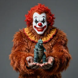a bigfoot clown holds a tiny godzilla in his cupped hands, professional studio photography, 8 k