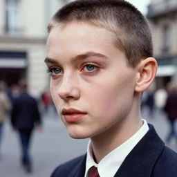 ektachrome, 3 5 mm, highly detailed : incredibly realistic, demure, perfect features, buzz cut, beautiful three point perspective extreme closeup 3 / 4 portrait photo in style of chiaroscuro style 1 9 7 0 s frontiers in flight suit cosplay paris seinen manga street photography vogue italia fashion edition, steven meisel style