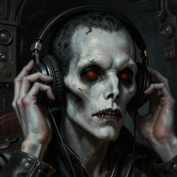 a epic norman rockwell painting close up face portrait of ghost rider listening to music with headphones on in a dark liminal space room, gritty tech, deep focus, fantasy, intricate, elegant, highly detailed, digital painting, artstation, concept art, matte, sharp focus, illustration, dark fantasy style art, resident evil, art by artgerm and greg rutkowski and alphonse mucha