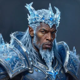 a matte full likeness painting of travis scott as the lich king wearing a crown made of ice, icey, world of warcraft, digital art, fantasy, realistic lighting, in the style of greg rutkowski