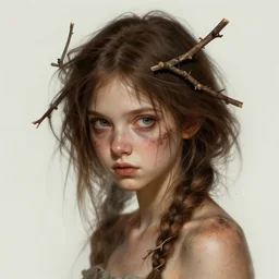 a mischievous girl with twigs in her brown hair, dirt - stained skin, highly detailed, digital painting, artstation, concept art, smooth, sharp focus, illustration, art by artgerm and greg rutkowski and alphonse mucha