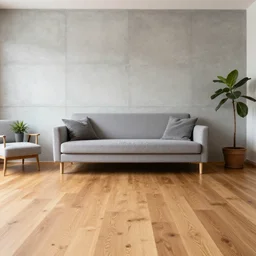 dslr photograph of a living room, wooden floor, concrete wall