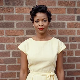 this image is a vintage 1 9 5 0 s photograph of a black actress. she is standing in front of a brick wall, and her head is tilted slightly to the side. she is wearing a dress with a print of flowers, and her hair is styled in a pompadour.