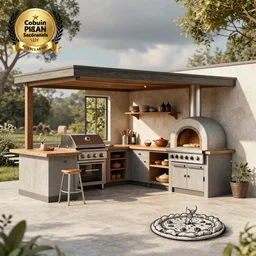 new concept for small outdoor open Dutch kitchen design with grill and pizza oven, designer pencil sketch, HD resolution