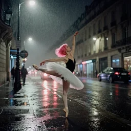 street of paris photography, night, rain, mist, a prima ballerina dancing with pink hair, cinestill 8 0 0 t, in the style of william eggleston