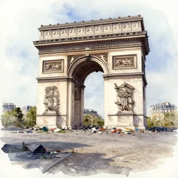watercolor painting of paris, dilapidated, run down, trashy ambient lighting and shadows