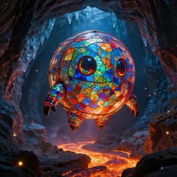 maximalist flying blob creature made out of stained glass inside an ice cavern with fireflies, dark scene illuminated by lava rivers, octane render, 4 k, ray tracing, specular highlights, 4 k, desktop wallpaper, trending on artstation