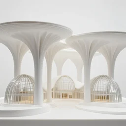 architectural model in white space, inspired by organic growth, tree like pillars, glass arches vaults