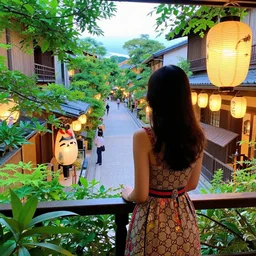 a vibrant dream of one beautiful girl wearing a gucci dress from behind on a balcony looking out over a fancy street in kyoto japan, lush plants, yokai, glowing paper lanterns, high fashion, magic details, by moebius, edward hopper, james gilleard, and james jean, hd, 8 k, trending on artstation, uhd,