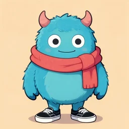 a friendly monster wearing a scarf and a pair of vans