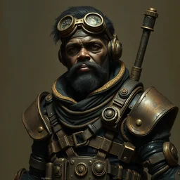 medium shot, halfling black - skin! man strapped in a steampunk exoskeleton, concept character by dave dorman and daniel docciu