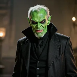 A studio photo of the supervillain Green Goblin as an old man, 60 years old, bokeh, 90mm, f/1.4