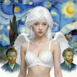 character design by van gogh, jakub rebelka, tran nguyen, yoann lossel, wadim kashin ( ( ( portrait of a white haired cute japanese girl with white wings in a white elegant bra ) ) ) sharp edges. ultra clear detailed. 8 k. ultra detailed, elegant, intricate,